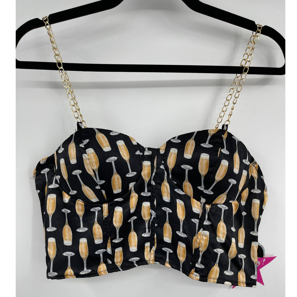 Rabbit Rose Champagne Party Crop Top Chain Strap Bodice Black NEW Small Womens